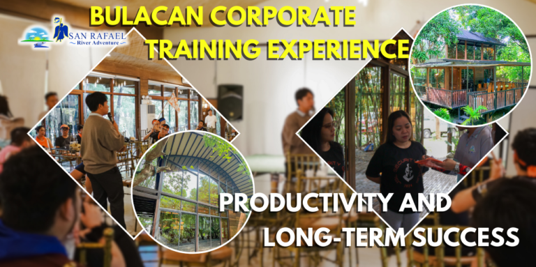 A professional collage for a Bulacan Corporate Training Experience focused on productivity, featuring indoor strategy sessions at San Rafael River Adventure, luxury cabin accommodations for deep integration, and small-group collaboration.